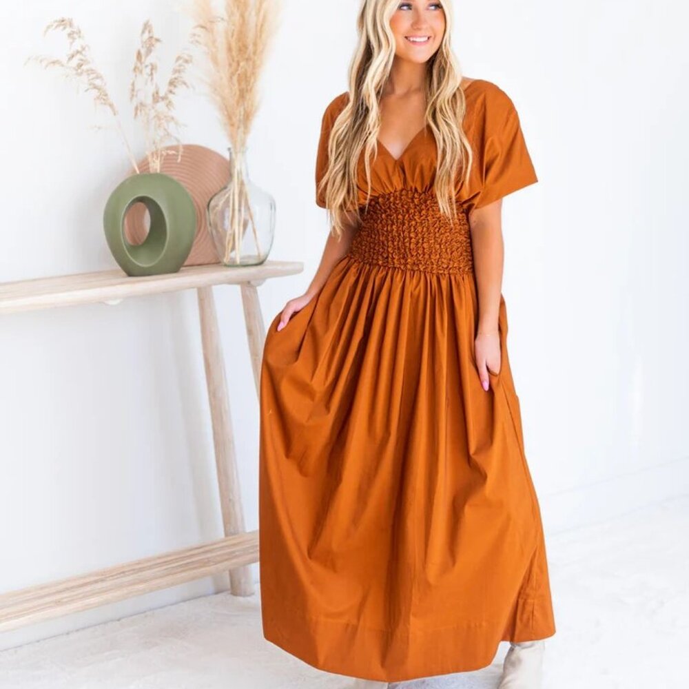 Fashion | Count Your Blessings Smocked Maxi Dress in Brown Camel